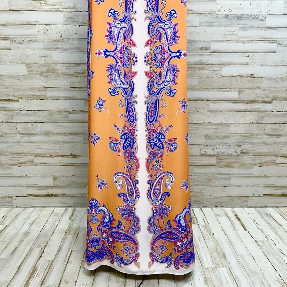Clover Canyon Halter Scarf Maxi Dress Size S Mustard Gold Blue Sleeveless - Picture 4 of 14